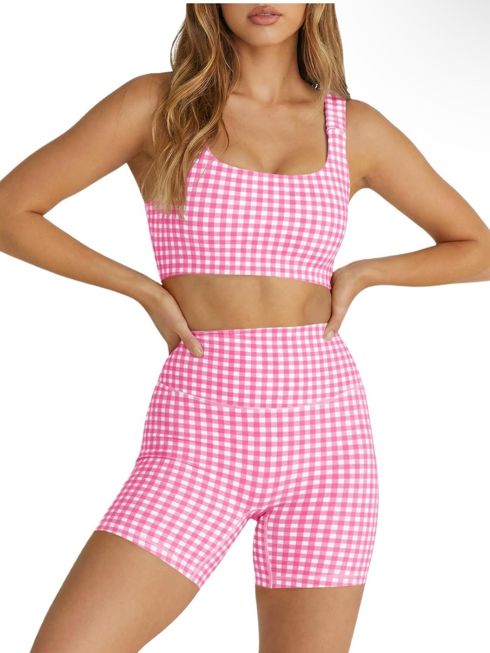 NEW- Aoysky Women’s Workout Gingham Pink 2 Piece Set